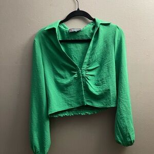 Delirious Green Ruched Crop Blouse with Notched Collar